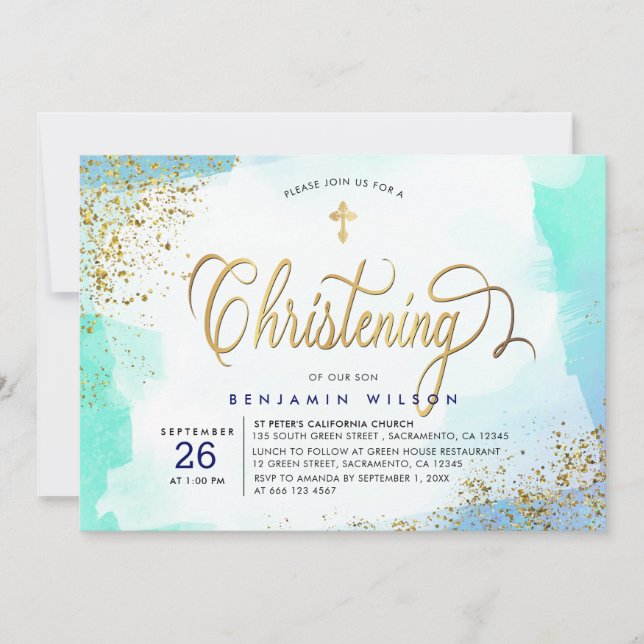 Blue And Gold Watercolor Boy Christening Invitation (Front)