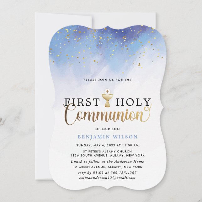 Blue And Gold Watercolor Boy First Holy Communion Invitation (Front)
