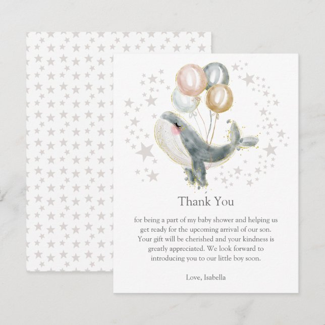 Blue and Gold Watercolor Cute Whale Thank You Card (Front/Back)