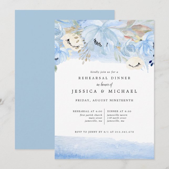Blue and Gold Watercolor Floral Rehearsal Dinner Invitation (Front/Back)