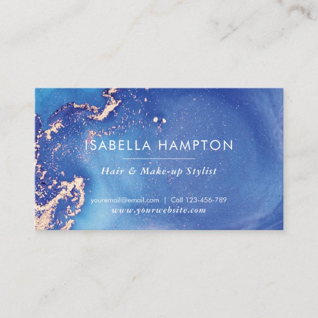 Blue and gold watercolor ink business card (Front)