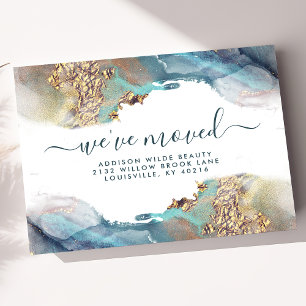 Blue And Gold Watercolor Ink Moving Announcement Postcard