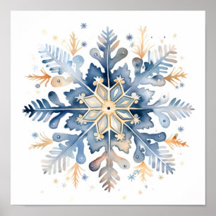 blue and gold watercolor snowflake print