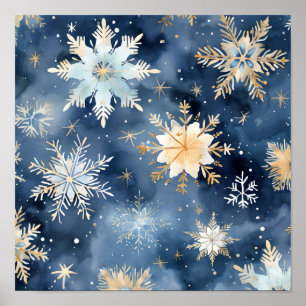 blue and gold watercolor snowflake print