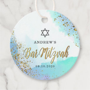 Blue And Gold Watercolor Star of David Bar Mitzvah Favour Tags