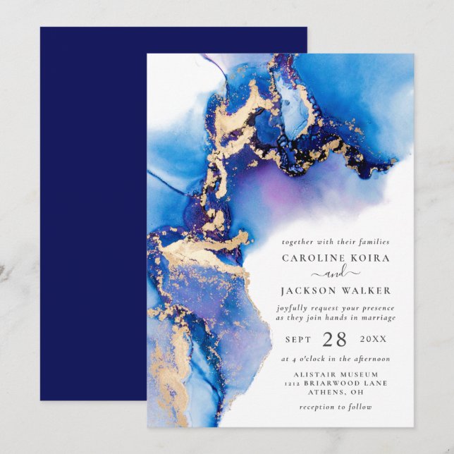 Blue and Gold Watercolor Wedding Invitation (Front/Back)