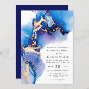 Blue and Gold Watercolor Wedding Invitation