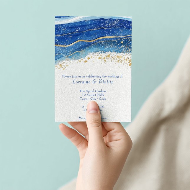 Blue and Gold Watercolor Wedding Invitation (Blue and gold watercolor wedding invitation with elegant script.)