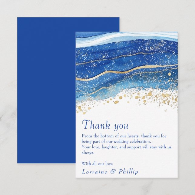 Blue and Gold Watercolor Wedding Thank You card (Front/Back)