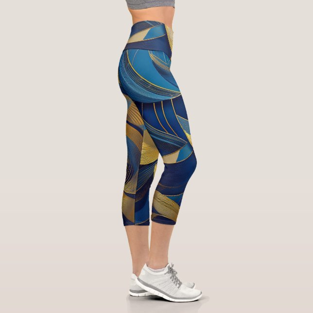 Blue and Gold Waves Capri Leggings (Right)