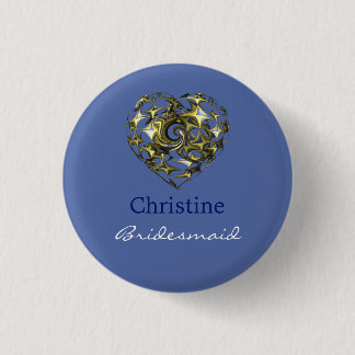 Blue and Gold Wedding Heart 3 Cm Round Badge