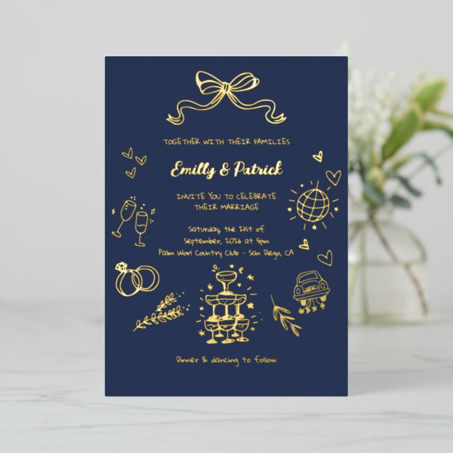 Blue and Gold Whimsical Doodle Wedding Invitation (Standing Front)