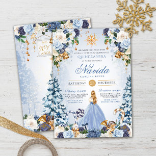 Blue and Gold Winter Wonderland Quinceañera Invitation
