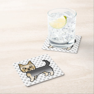 Blue And Gold Yorkshire Terrier Cartoon Dog & Paws Square Paper Coaster