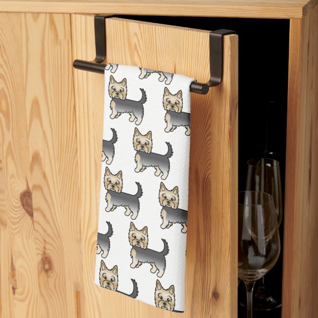 Blue And Gold Yorkshire Terrier Dog Pattern Tea Towel (Thirds Fold)