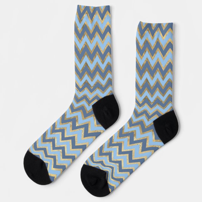 Blue and Gold Zigzag Pattern Sustainable Crew Sock (Left)