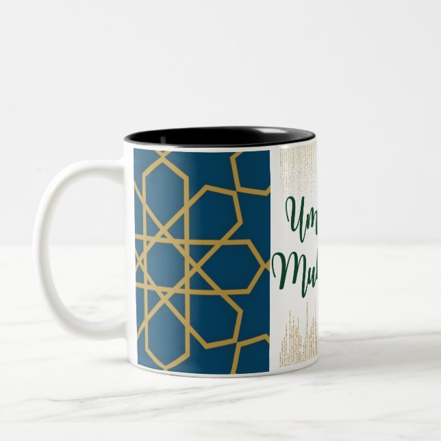 Blue and Golden and Green   Umrah Mubarak Two-Tone Coffee Mug (Left)