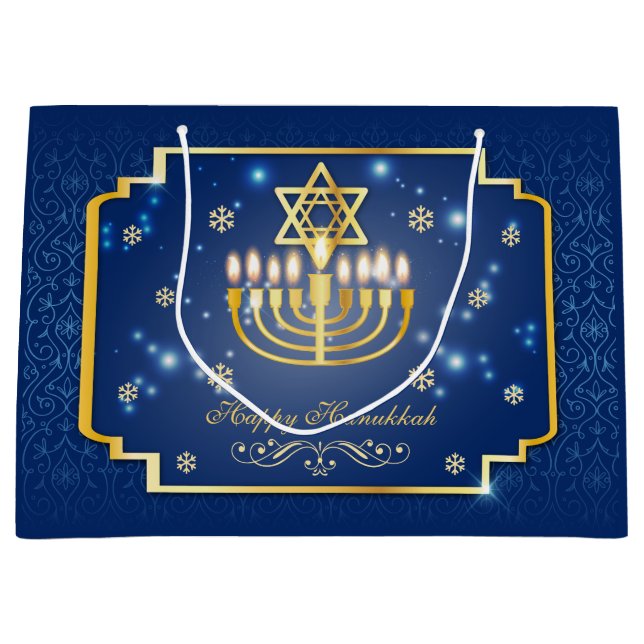 Blue and Golden Decorative Hanukkah Large Gift Bag (Front)