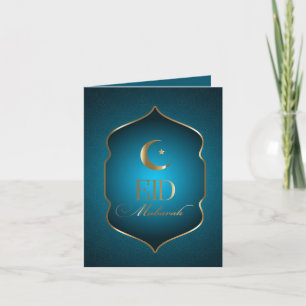 Blue and Golden Islamic Eid Mubarak Greeting Card