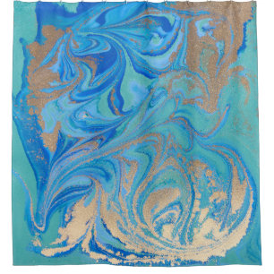 Blue and golden liquid texture shower curtain