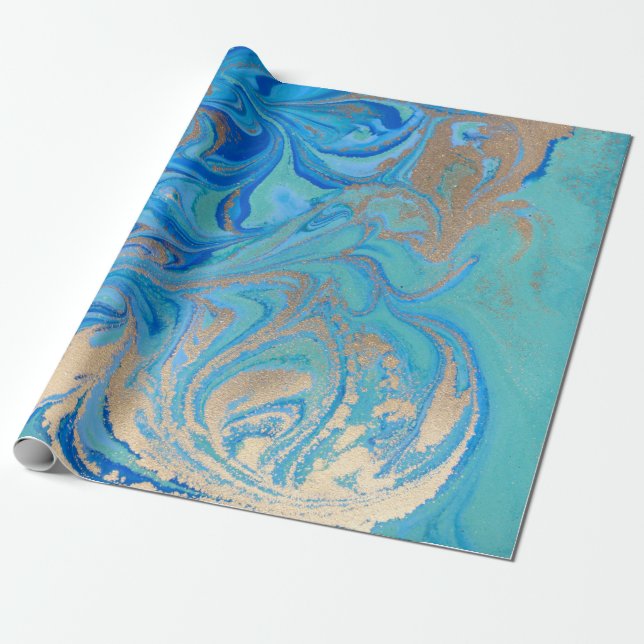 Blue and golden liquid texture wrapping paper (Unrolled)