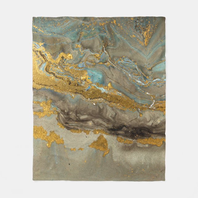 Blue and golden marble pattern fleece blanket (Front)