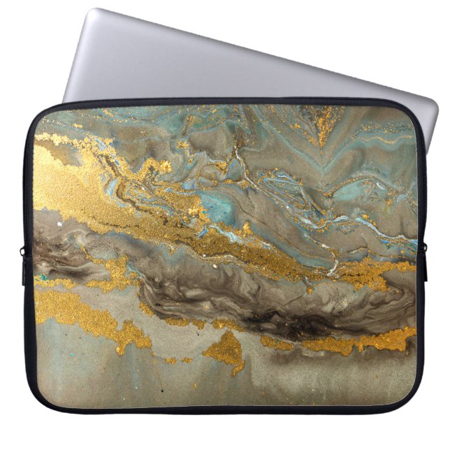 Blue and golden marble pattern laptop sleeve (Front)