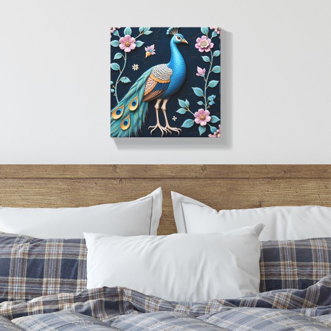 Blue and Golden Peacock Canvas Print (Insitu(Bedroom))