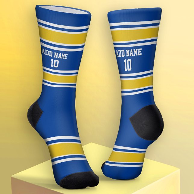 Blue and Golden Yellow Sport Jersey - Name Number Socks (Custom Sport Socks - Add Jersey Name and Number)