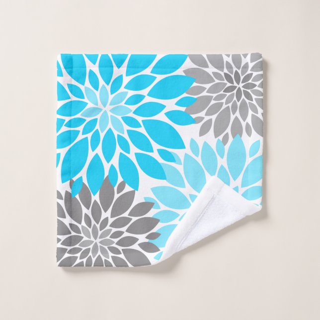 Blue and Gray Chrysanthemums Floral Pattern Bath Towel Set (Wash Cloth)