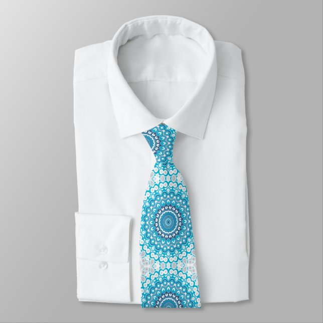 Blue and Gray Painted Medallion Pattern Tie (Tied)