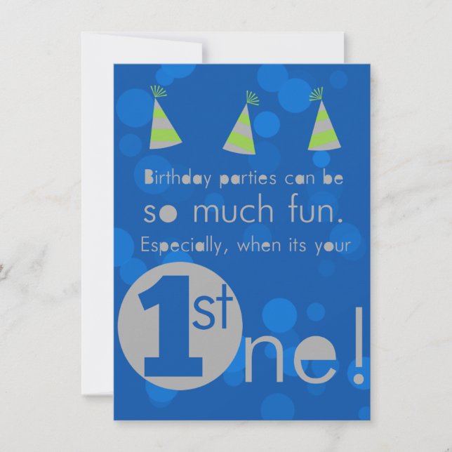 Blue and Green 1st boy's birthday invitation (Front)