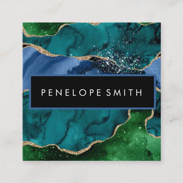 Blue and Green Agate Abstract Square Business Card (Front)