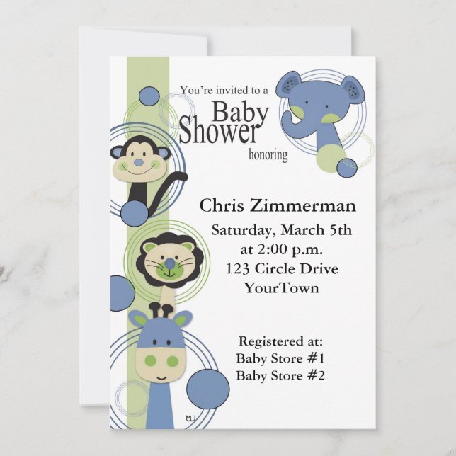 Blue and Green Animals Baby Shower for Boy Invitation (Front)
