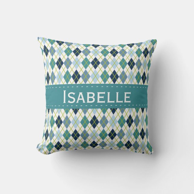 Blue and Green Argyle Diamond Pattern Cushion (Front)
