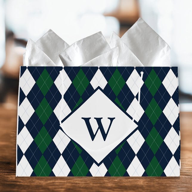 Blue and Green Argyle Monogrammed Large Gift Bag (Argyle Monogram Gift Bag)