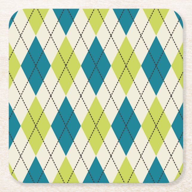 Blue And Green Argyle Square Paper Coaster (Front)