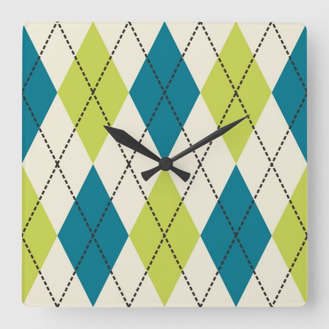 Blue And Green Argyle Square Wall Clock (Front)