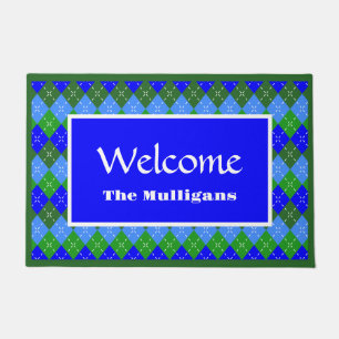 Blue and Green Argyle White Stitching Personalised Doormat