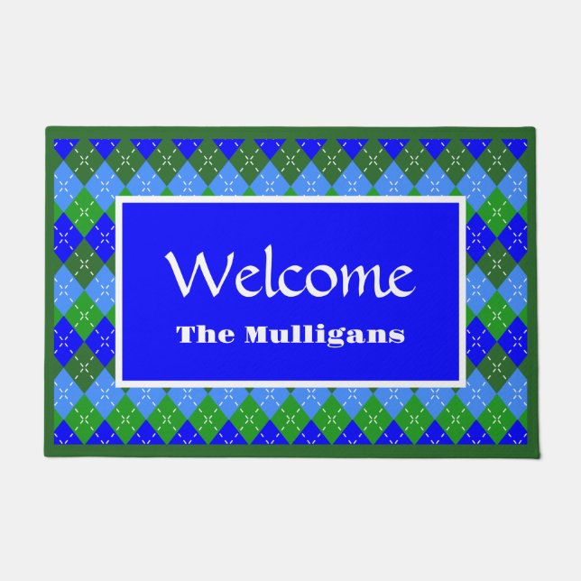 Blue and Green Argyle White Stitching Personalised Doormat (Front)