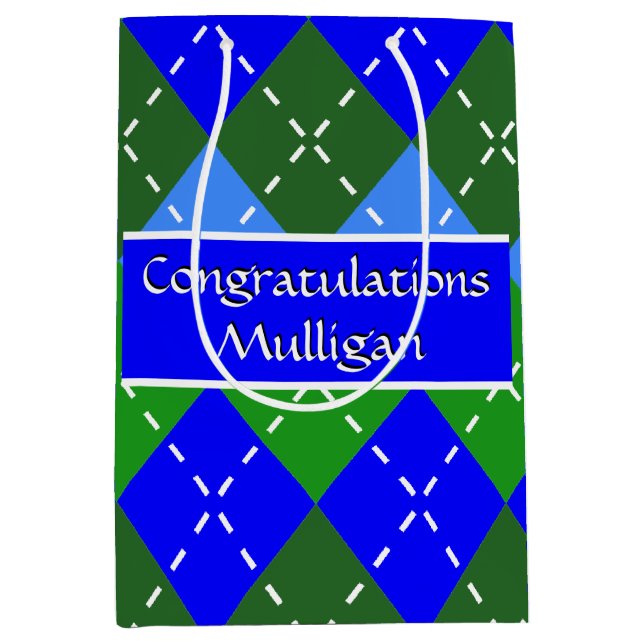 Blue and Green Argyle White Stitching Personalised Medium Gift Bag (Front)