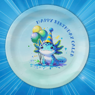 Blue and Green Axolotl Boy's Birthday Party Paper Plate