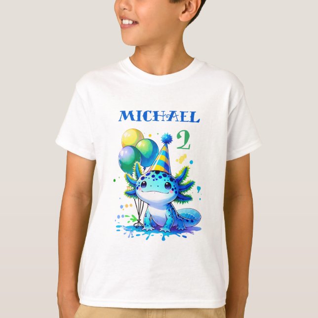 Blue and Green Axolotl Boy's Birthday Party T-Shirt (Front)
