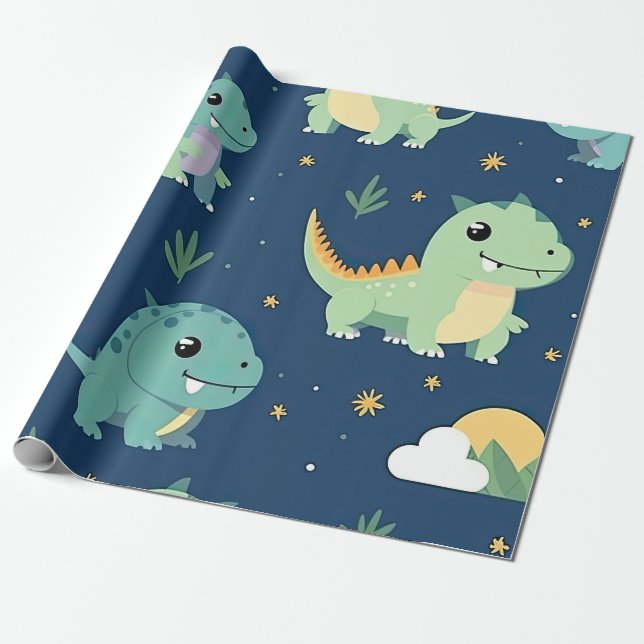 Blue And Green Baby Dinosaur Pattern Wrapping Paper (Unrolled)