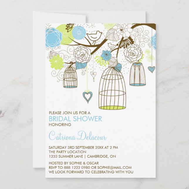 Blue and Green Birdcages Bridal Shower Invitation (Front)