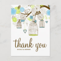 Blue and Green Birdcages Floral Thank You Postcard