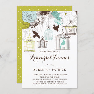 Blue and Green Birdcages Rehearsal Dinner Invitation
