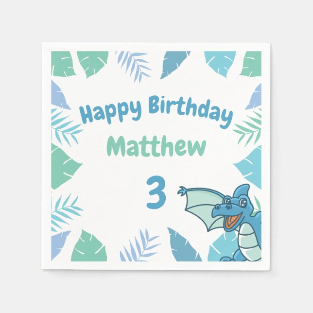 Blue and Green Birthday Dinosaur Dragon Napkin (Front)