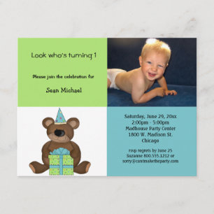 Blue And Green Birthday Teddy Bear Invitation