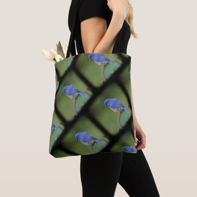 Blue and Green Bluebird Tote for Birdlovers Bag (Close Up)